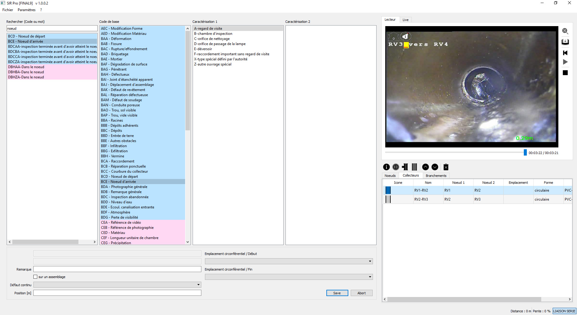 logiciel de rapport d'inspection vidéo EN13508-2+A1 COFRAC recherche de mot clef code observation